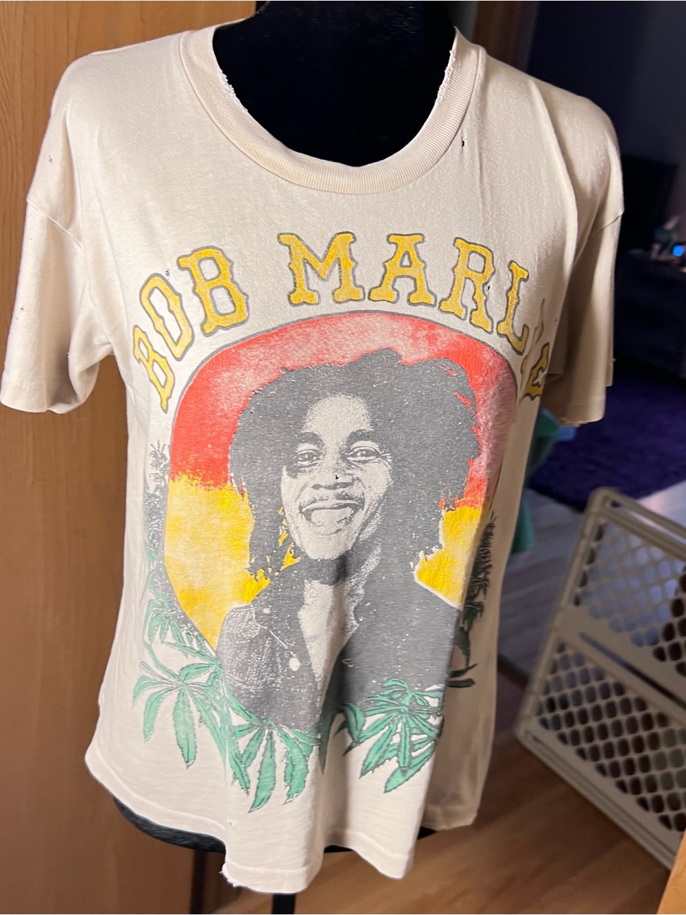 MadeWorn Cream Bob Marley Short Sleeve Tee with Yellow Red Green Print
